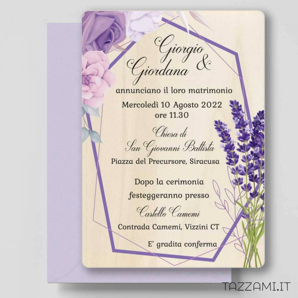 Partecipazione in legno da Matrimonio con Rose e Lavanda