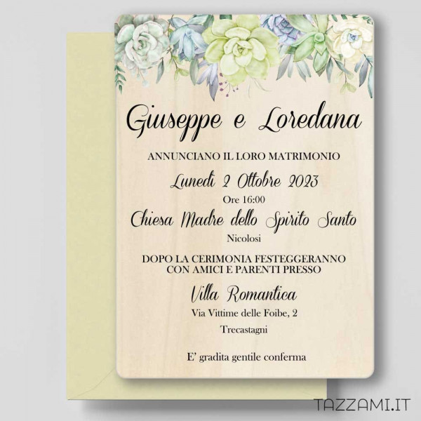 Partecipazione Matrimonio legno con Piante Grasse colorate