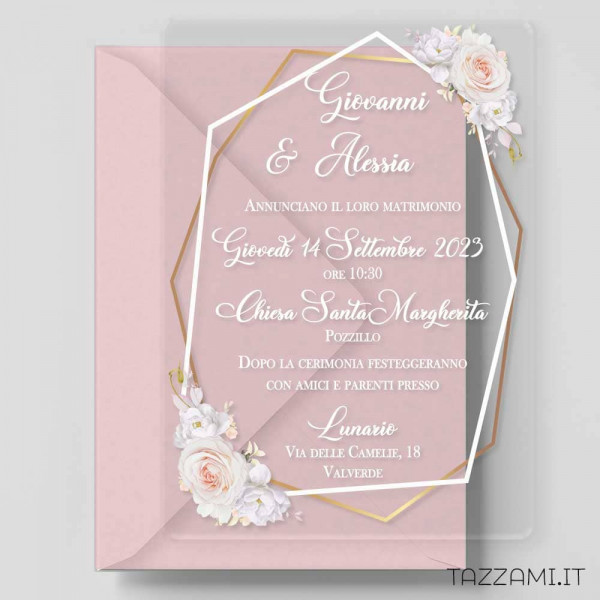 Partecipazione Matrimonio in Plexiglass con Fiori bianchi e oro