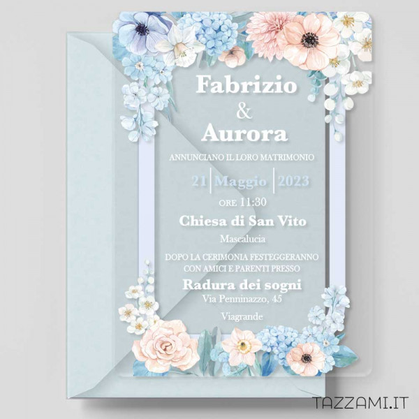 Partecipazione Matrimonio plexiglass con fiori azzurro e cipria