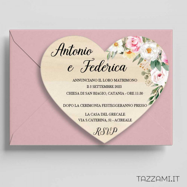 Partecipazione Matrimonio forma a Cuore legno e decorazione Floreale