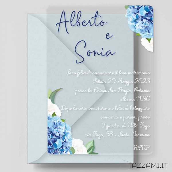 Partecipazione in plexiglass Matrimonio con eleganti ortensie azzurre