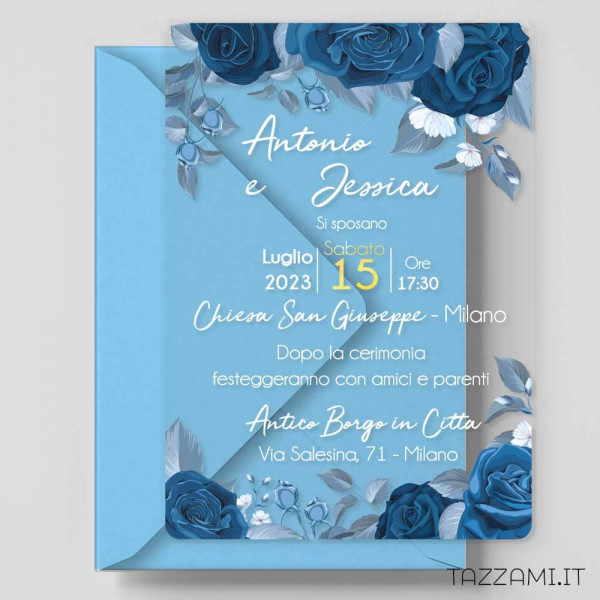 Partecipazione Matrimonio Plexiglass con Rose Blu