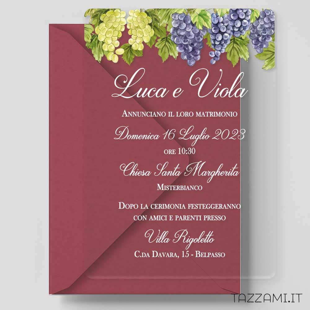Partecipazione plexiglass Matrimonio con grappolo Uva per tema Vino
