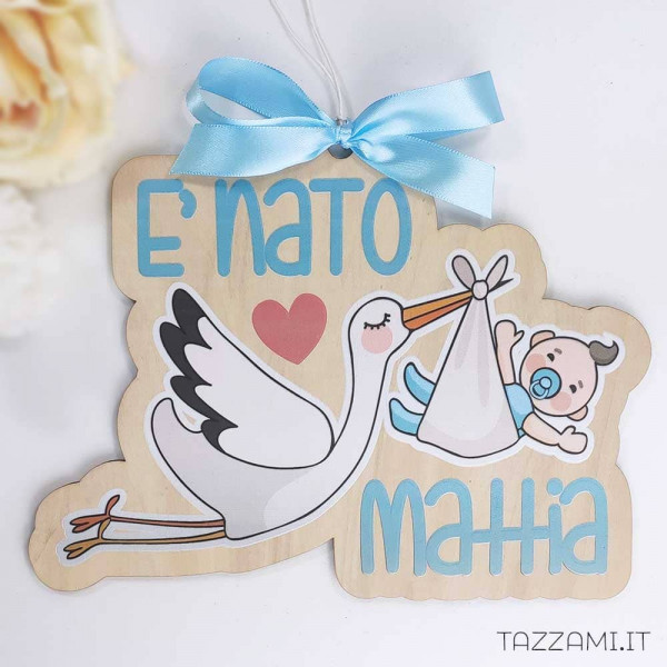 Cicogna in Legno Fiocco Nascita Personalizzato con nome del Bambino