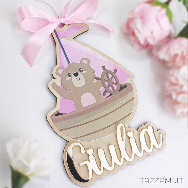 Fiocco Nascita in legno Orso Personalizzato con Nome Bambino plexiglas