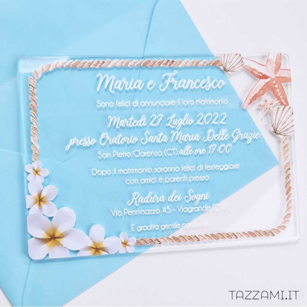 Partecipazione plexiglass Matrimonio tema Isole con fiori e conchiglie