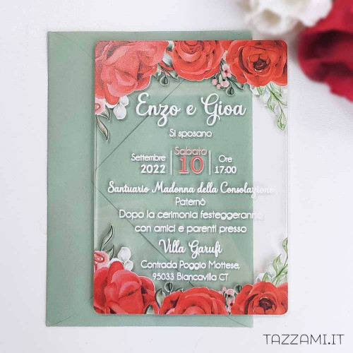 Partecipazione in plexiglass da Matrimonio con Rose rosse