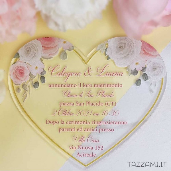 Partecipazione Matrimonio Cuore plexiglass Fiori rosa e bianchi