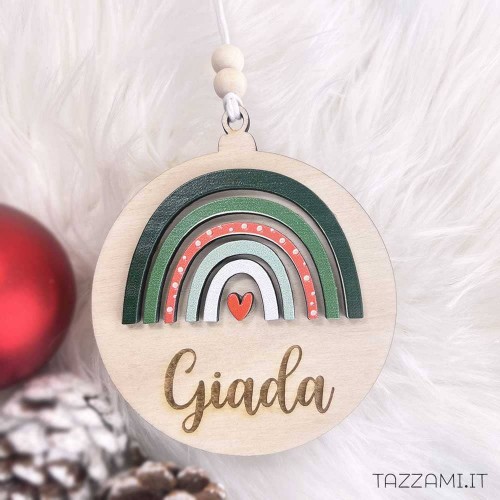 Pallina in legno, regalo Natale con Arcobaleno Personalizzata con nome