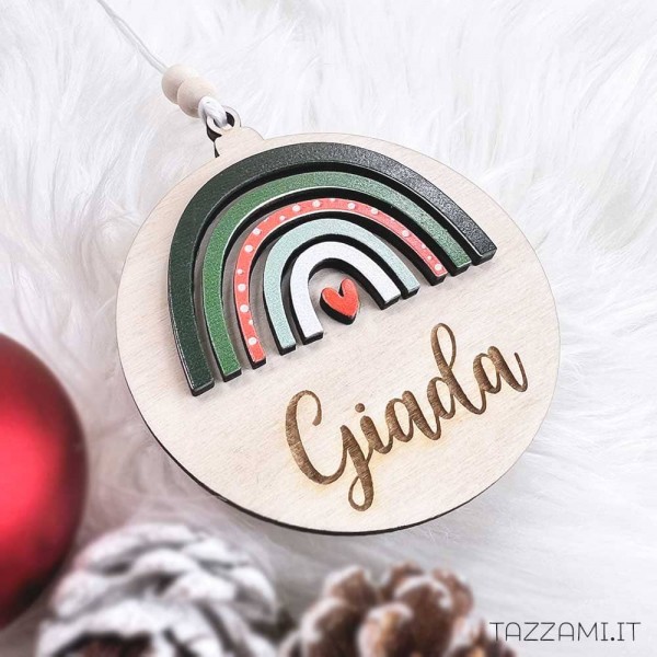 Pallina in legno, regalo Natale con Arcobaleno Personalizzata con nome