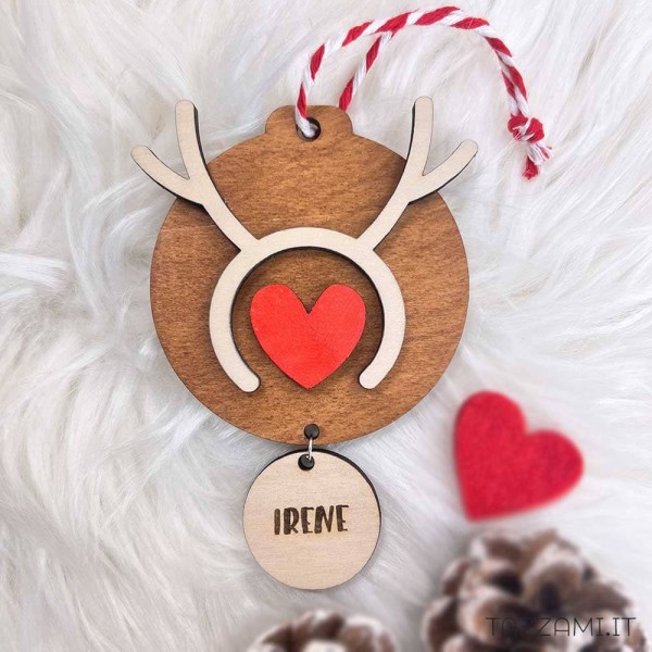 Pallina Natale in stile nordico personalizzata con nome, cuore e Renna