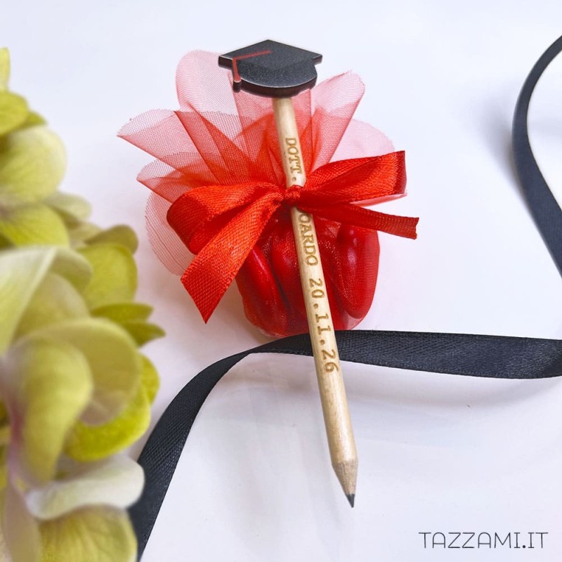 25 Matite Nere Con Strass Rossi - 17.8 Cm - Bomboniera Laurea - 2