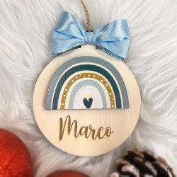 Pallina in legno, regalo Natale con Arcobaleno Personalizzata con nome