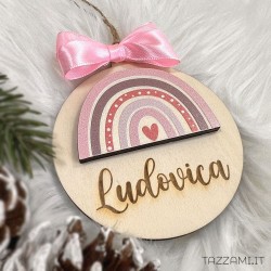 Pallina in legno, regalo Natale con Arcobaleno Personalizzata con nome