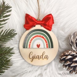 Pallina in legno, regalo Natale con Arcobaleno Personalizzata con nome
