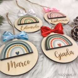 Pallina in legno, regalo Natale con Arcobaleno Personalizzata con nome