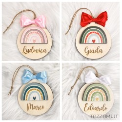 Pallina in legno, regalo Natale con Arcobaleno Personalizzata con nome