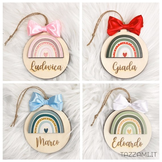 Pallina in legno, regalo Natale con Arcobaleno Personalizzata con nome