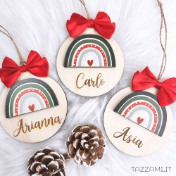 Pallina in legno, regalo Natale con Arcobaleno Personalizzata con nome