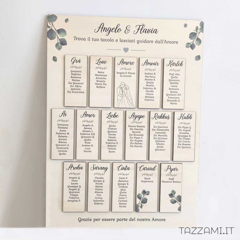 Tableau de Mariage Legno ed Eucalipto in Rilievo | Spedizione Rapida
