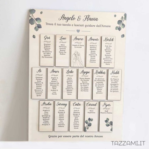 Tableau de Mariage Legno ed Eucalipto in Rilievo | Spedizione Rapida