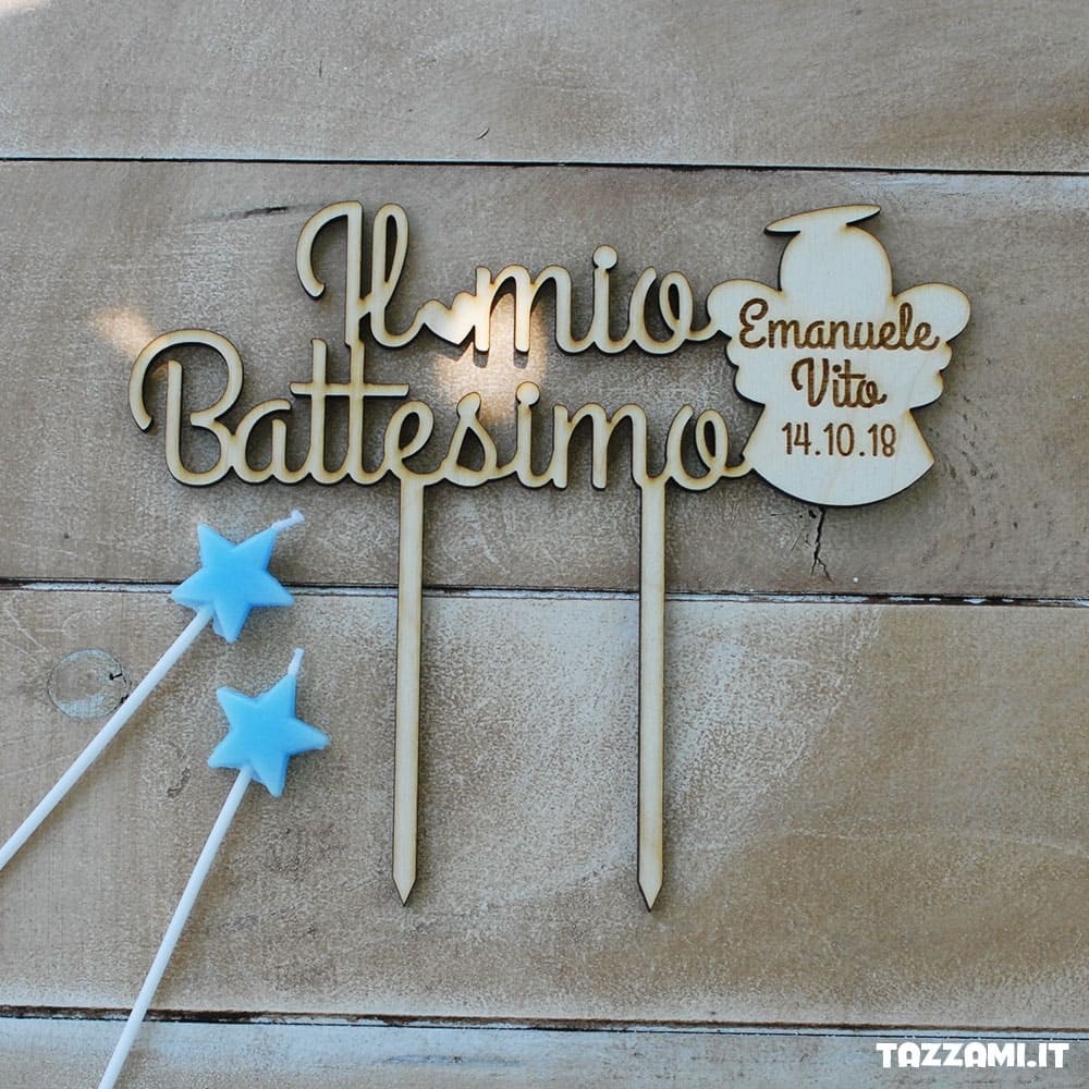 Cake topper per Battesimo, Personalizzato con angelo, Nome e data