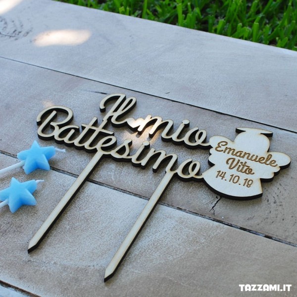 Cake topper per Battesimo, Personalizzato con angelo, Nome e data