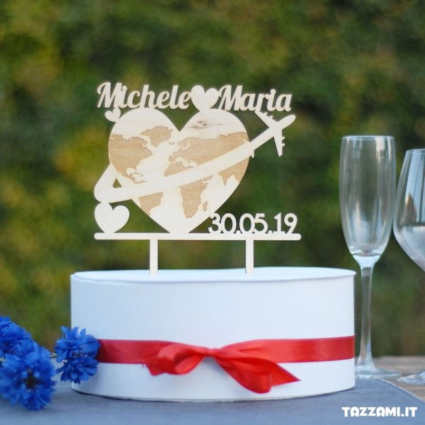 Cake Topper tema Viaggio con cuore mondo, Nomi Sposi e data Matrimonio